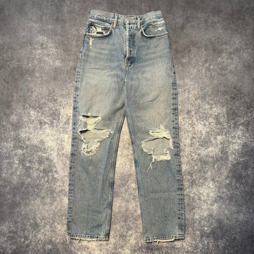 AGOLDE 90s Mid Rise Loose Fit Distressed Jeans Light Wash Blue 25 A069C-1206